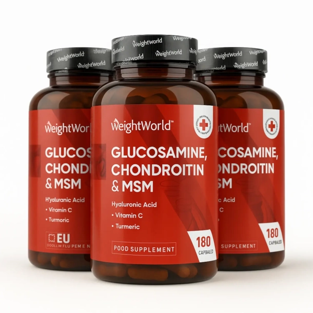Glucosamin &amp; Chondroitin | 3 x 180 kapsler | Hyaluronsyre, C-vitamin og gurkemeje