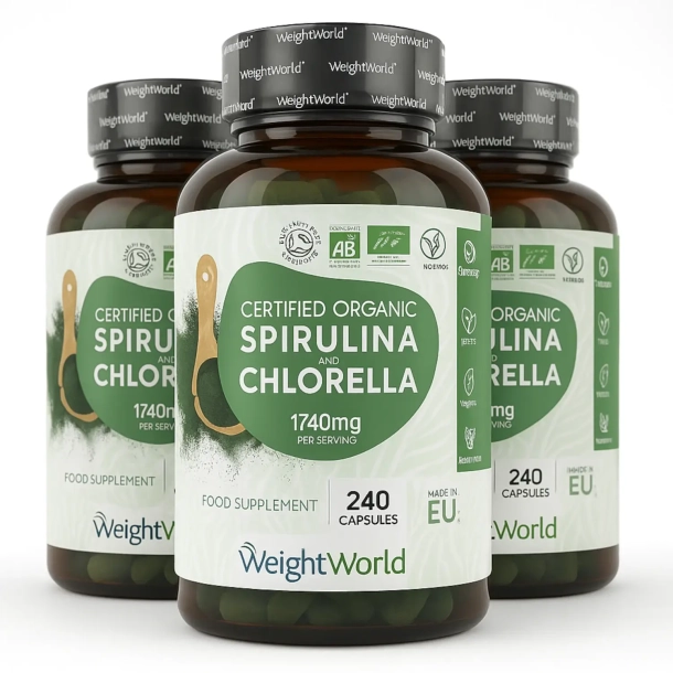 kologisk Spirulina &amp; Chlorella  | 3 x 240 kapsler | Vegansk Omega-3