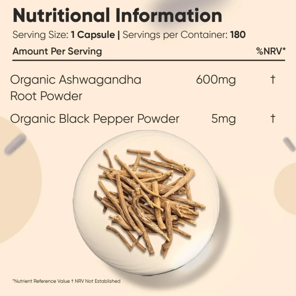 Organiczna ashwagandha z czarnym pieprzem | 180 Kapsu&#322;ek | Dobre samopoczucie