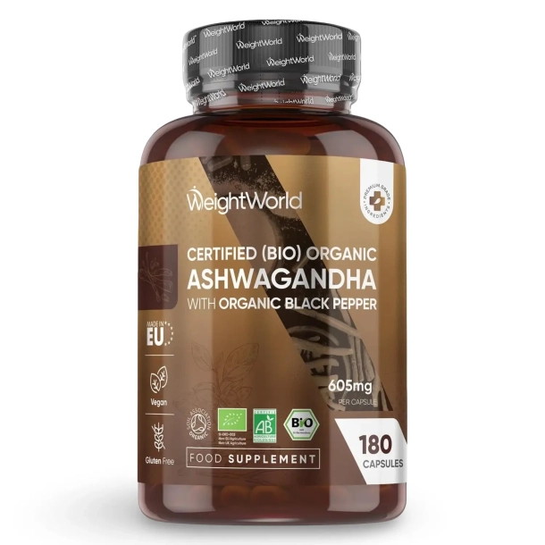 kologisk Ashwagandha med sort peber | 180 Kapsler | 605 mg