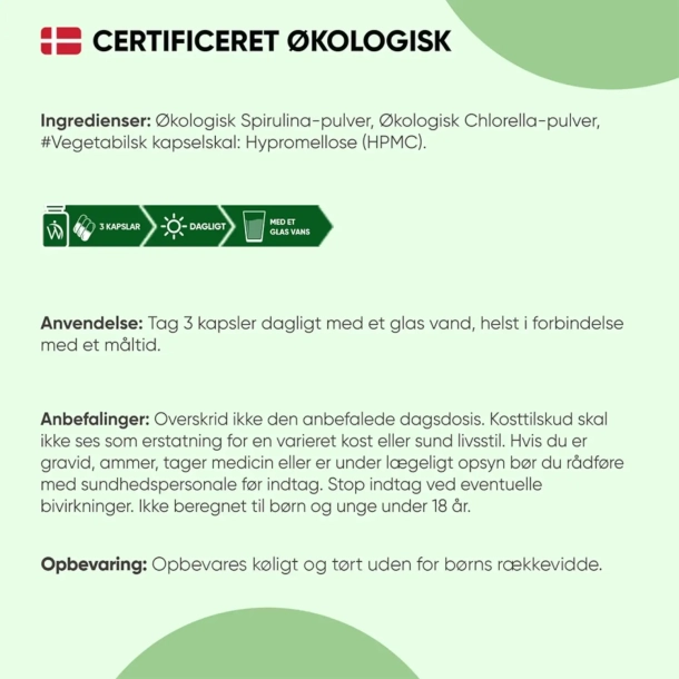 kologisk Spirulina &amp; Chlorella  | 240 kapsler | Vegansk Omega-3