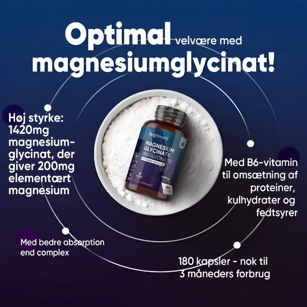 Magnesium Glycinate 1420mg l 180 kapsler l Til energi, nervesystem og muskler
