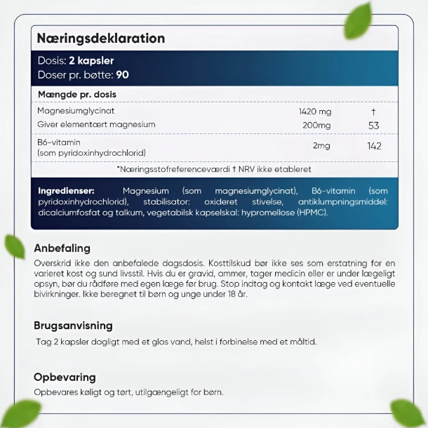 Magnesium Glycinate 1420mg l 180 kapsler l Til energi, nervesystem og muskler