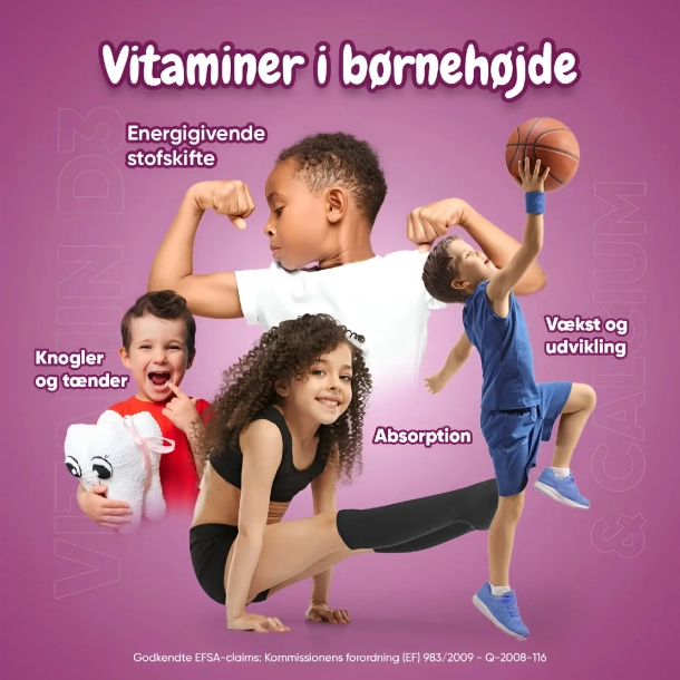 Kalk + D3-vitamin til Brn | 90 vingummier | Med smag af jordbr og vanilje
