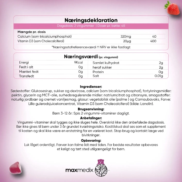 Kalk + D3-vitamin til Brn | 90 vingummier | Med smag af jordbr og vanilje