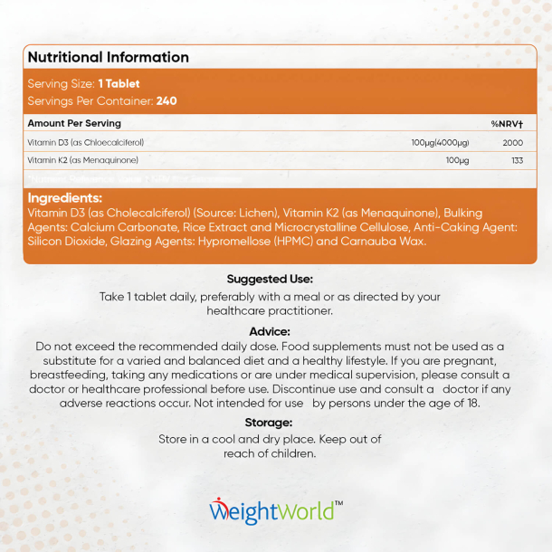 Vitamin D3 + K2 | 3 x 240 tabletter | 4000 IE + 150 &mu;g