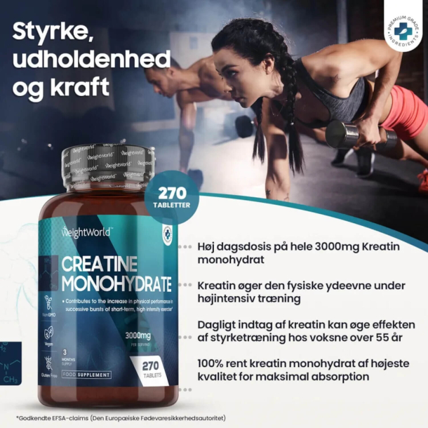 Kreatin Monohydrat | 270 stk | Muskelopbyggende kosttilskud