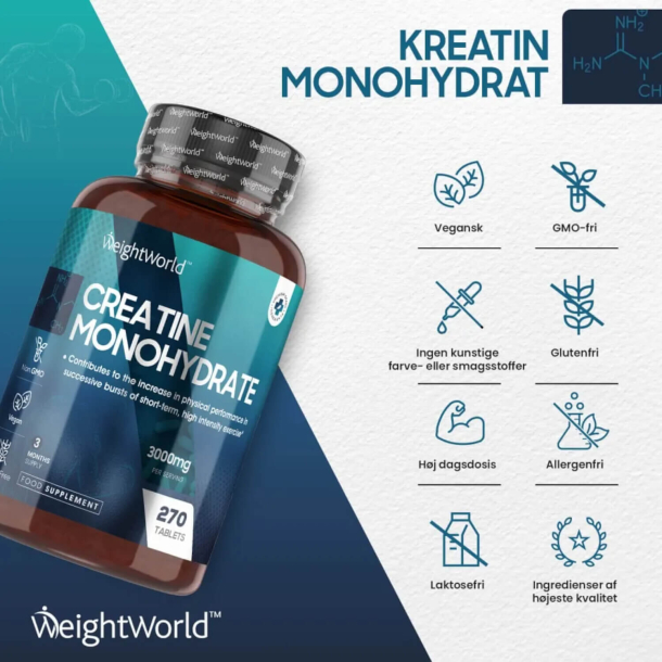 Kreatin Monohydrat | 270 stk | Muskelopbyggende kosttilskud