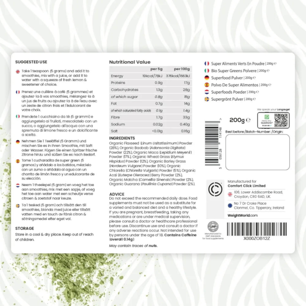 kologisk Superfood | 3 x 200 g Pulver | Pulvertilskud med fibre og proteiner