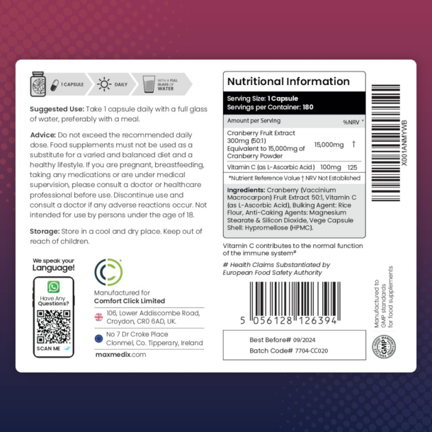 Tranebr med C-vitamin | 180 kapsler | Tranebr til urinvejene
