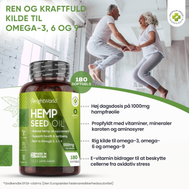 Hampefrolie 1000 mg | 180 kapsler | Med Omega 3, 6 og 9