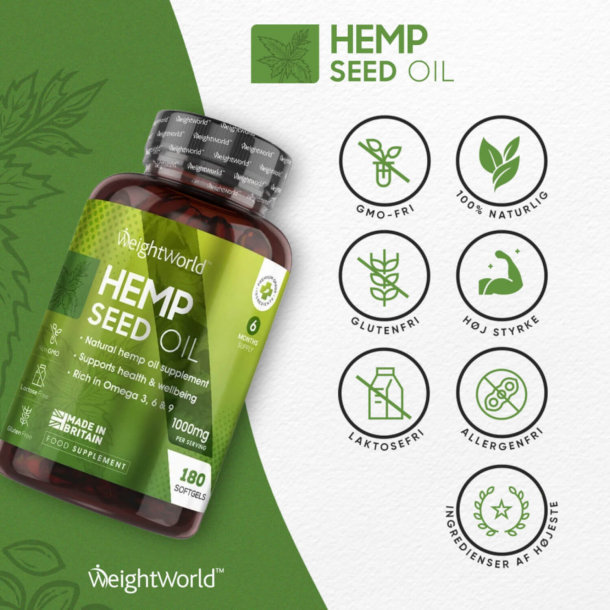 Hampefrolie 1000 mg | 180 kapsler | Med Omega 3, 6 og 9