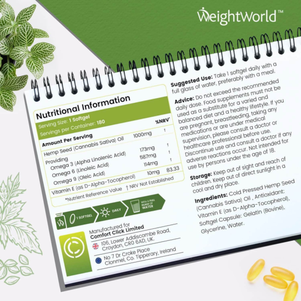 Hampefrolie 1000 mg | 180 kapsler | Med Omega 3, 6 og 9