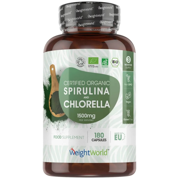 kologisk Spirulina &amp; Chlorella (1.500 mg)  - 180 kapsler | Vegansk fiskeolie med Omega-3