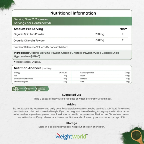 kologisk Spirulina &amp; Chlorella  | 180 kapsler | Vegansk Omega-3