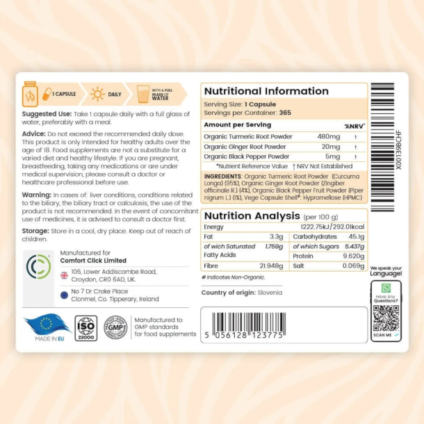 Organiczna kurkuma z imbirem i czarnym pieprzem | 365 kapsu&#322;ek | Suplement diety dla skry i staww