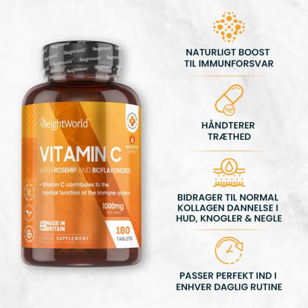C-Vitamin | Hyben &amp; Bioflavonoider | 180 tabletter | Immun &amp; energi