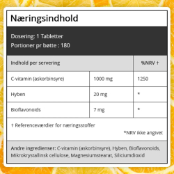 C-Vitamin | Hyben &amp; Bioflavonoider | 180 tabletter | Immun &amp; energi