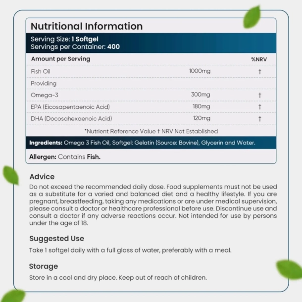 Omega 3 Fiskeolie Kapsler | 3 x 400 stk | Styrker hjerte og hjerne