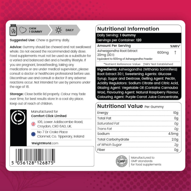 Ashwagandha Gummies | 600 mg | 120 vingummier med hindbrsmag