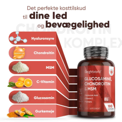 Glucosamin &amp; Chondroitin | 180 kapsler | Hyaluronsyre, C-vitamin og gurkemeje
