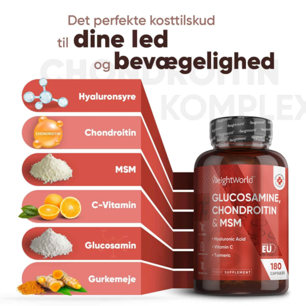Glucosamin &amp; Chondroitin | 180 kapsler | Hyaluronsyre, C-vitamin og gurkemeje