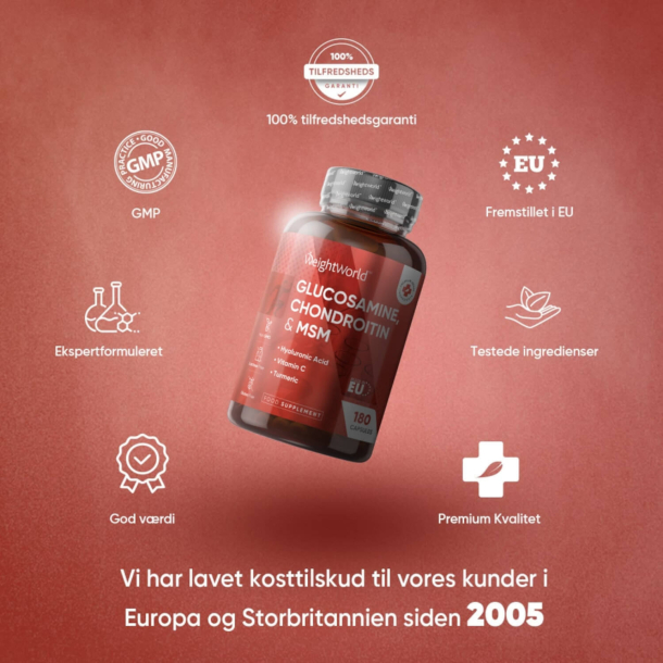 Glucosamin &amp; Chondroitin | 180 kapsler | Hyaluronsyre, C-vitamin og gurkemeje