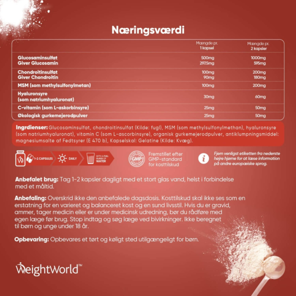 Glucosamin &amp; Chondroitin | 180 kapsler | Hyaluronsyre, C-vitamin og gurkemeje