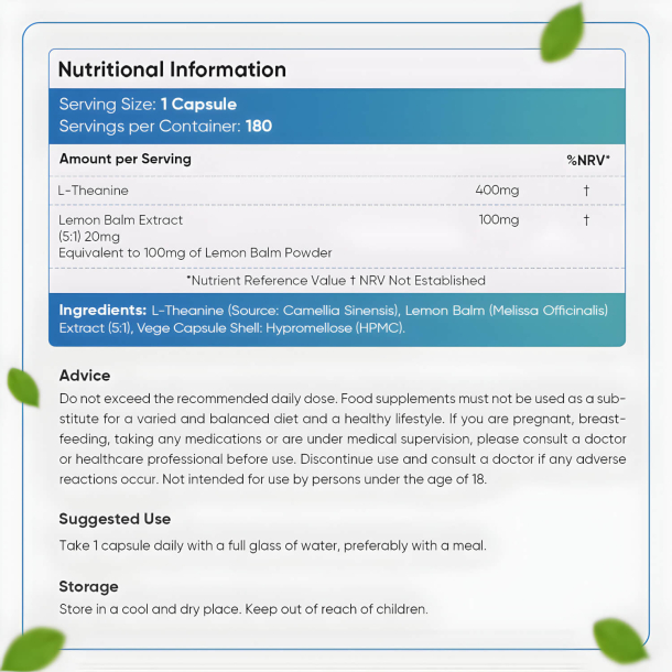 L-theanin &amp; Citronmelisse | Kosttilskud | 3 x 180 kapsler