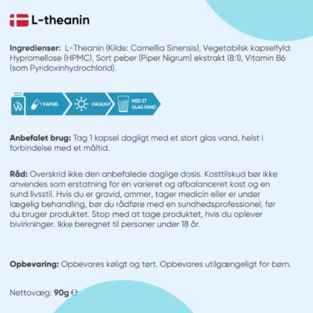 L-Theanine med B6-vitamin | Kosttilskud | 400 mg | 180 kapsler