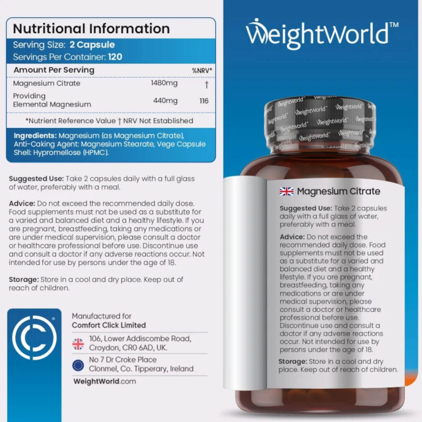 Magnesium Citrat | 3 x 240 stk veganske kapsler