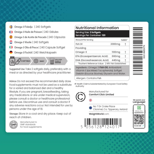 Omega 3 Fiskeolie | 3 x 240 stk | Tilskud til hjertet, hjernen, huden &amp; jnene